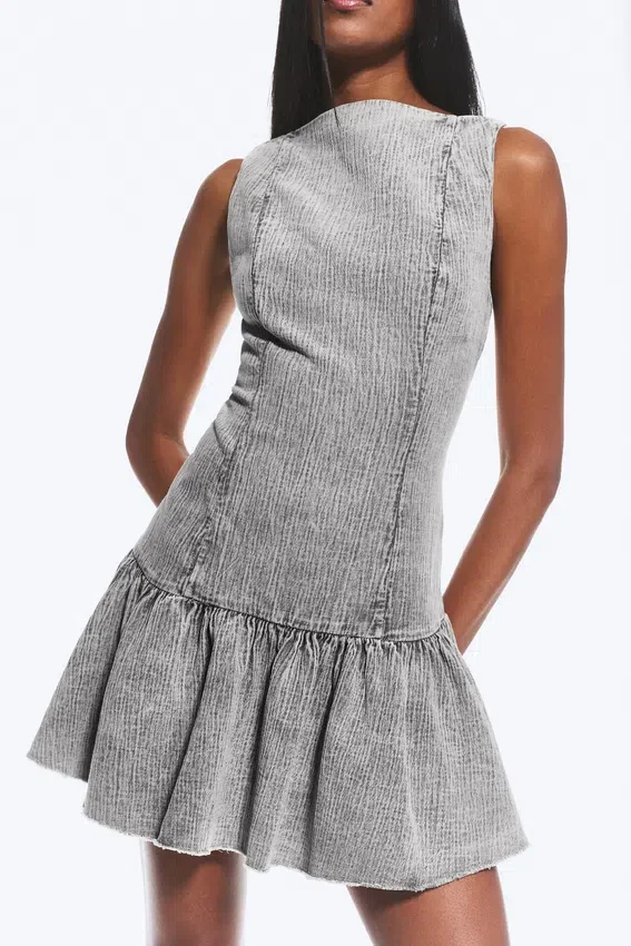 Minivestido acampanado de sarga con cuello barco – Gris lavado Minivestido acampanado de sarga con cuello barco – Gris lavado