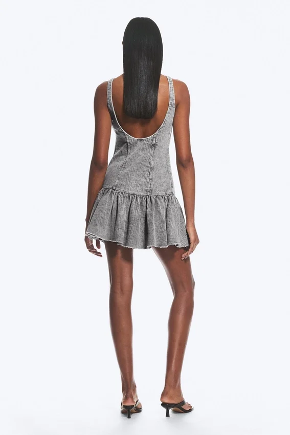 Minivestido acampanado de sarga con cuello barco – Gris lavado Minivestido acampanado de sarga con cuello barco – Gris lavado