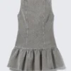 Minivestido acampanado de sarga con cuello barco – Gris lavado Minivestido acampanado de sarga con cuello barco – Gris lavado