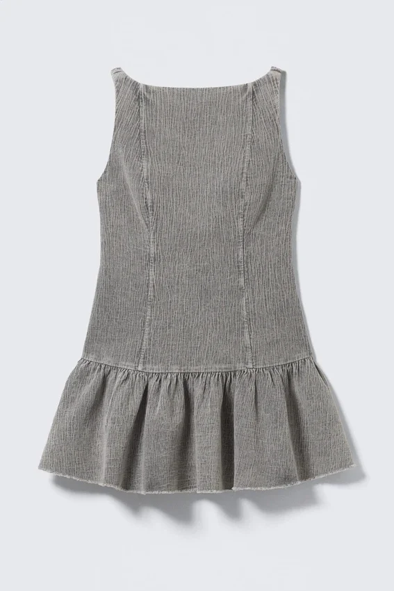 Minivestido acampanado de sarga con cuello barco – Gris lavado Minivestido acampanado de sarga con cuello barco – Gris lavado