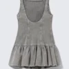 Minivestido acampanado de sarga con cuello barco – Gris lavado Minivestido acampanado de sarga con cuello barco – Gris lavado