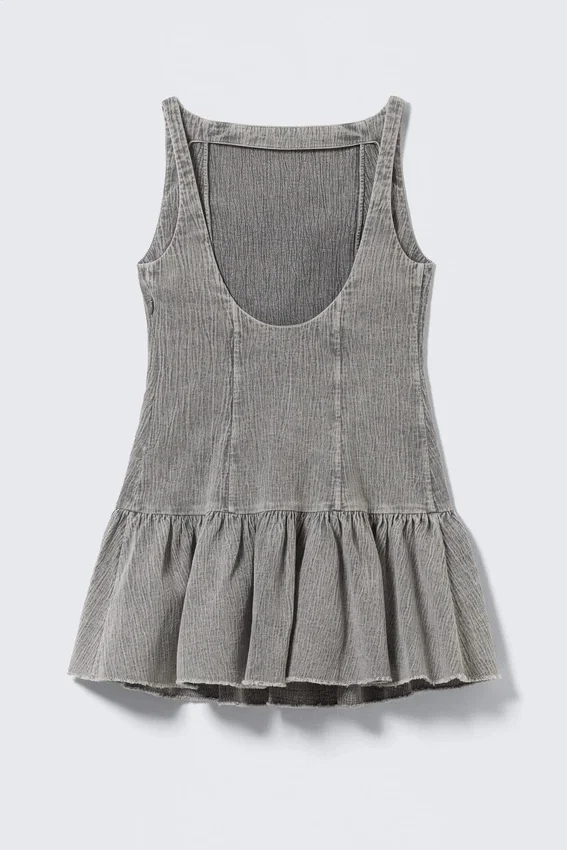 Minivestido acampanado de sarga con cuello barco – Gris lavado Minivestido acampanado de sarga con cuello barco – Gris lavado