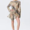 Minivestido asimétrico de manga larga de satén – Beige – Estampado de piel de serpiente Minivestido asimétrico de manga larga de satén – Beige – Estampado de piel de serpiente