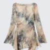 Minivestido asimétrico de manga larga de satén – Beige – Estampado de piel de serpiente Minivestido asimétrico de manga larga de satén – Beige – Estampado de piel de serpiente