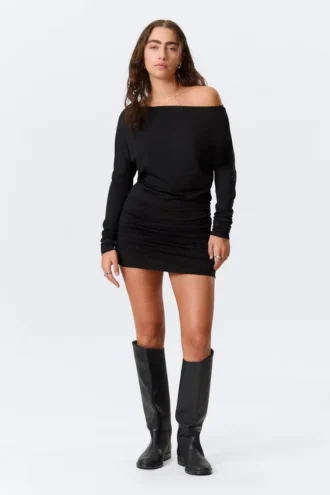 Minivestido asimétrico drapeado de manga larga – Negro