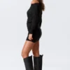 Minivestido asimétrico drapeado de manga larga – Negro Minivestido asimétrico drapeado de manga larga – Negro