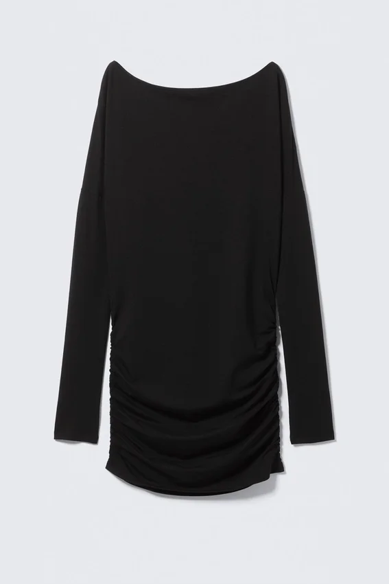 Minivestido asimétrico drapeado de manga larga – Negro Minivestido asimétrico drapeado de manga larga – Negro