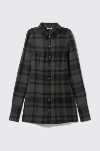 Minivestido camisero de manga larga – Cuadros gris oscuro