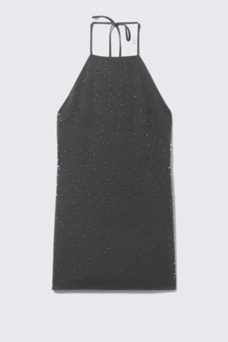 Minivestido con cuello halter y pedrería – Gris oscuro