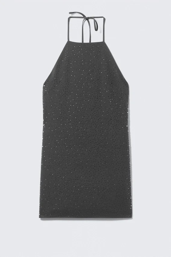 Minivestido con cuello halter y pedrería – Gris oscuro Minivestido con cuello halter y pedrería – Gris oscuro