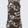 Minivestido de jersey fruncido – Marrón oscuro – Estampado floral abstracto