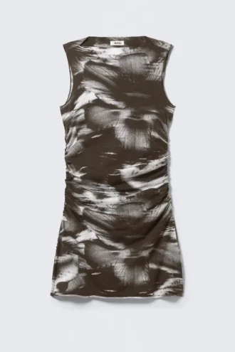 Minivestido de jersey fruncido – Marrón oscuro – Estampado floral abstracto