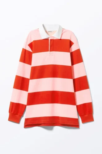 Minivestido de rugby de manga larga – Rayas rojas y rosas