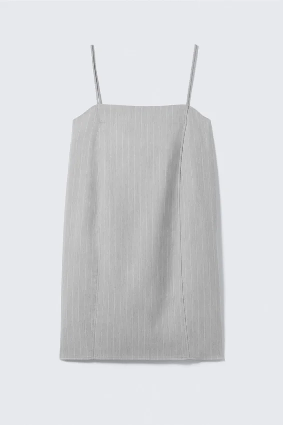 Minivestido de sarga con lazo en la espalda – Gris claro – Rayas finas Minivestido de sarga con lazo en la espalda – Gris claro – Rayas finas