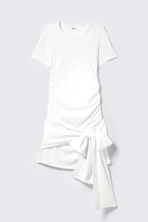 Minivestido drapeado con lazo delantero – Blanco Minivestido drapeado con lazo delantero – Blanco