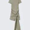 Minivestido drapeado con lazo delantero – Verde caqui Minivestido drapeado con lazo delantero – Verde caqui