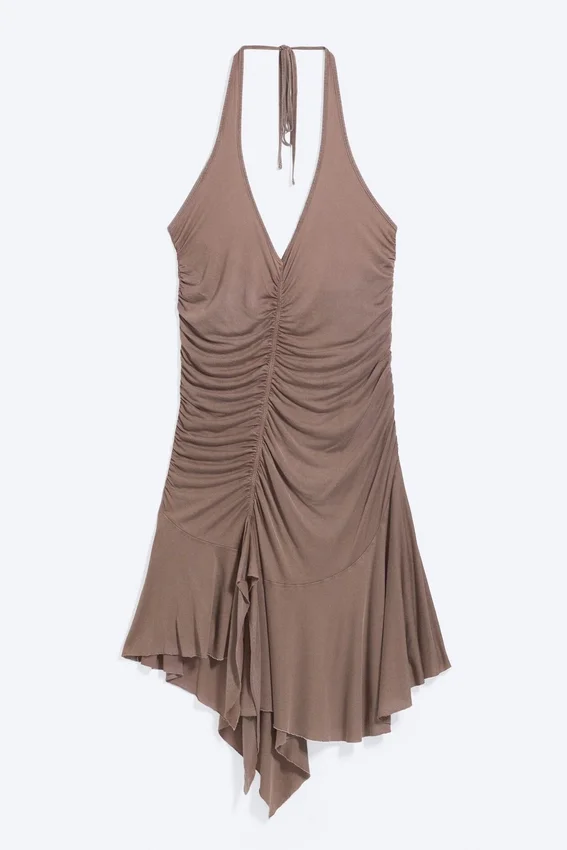 Minivestido halter fruncido – Marrón lavado Minivestido halter fruncido – Marrón lavado
