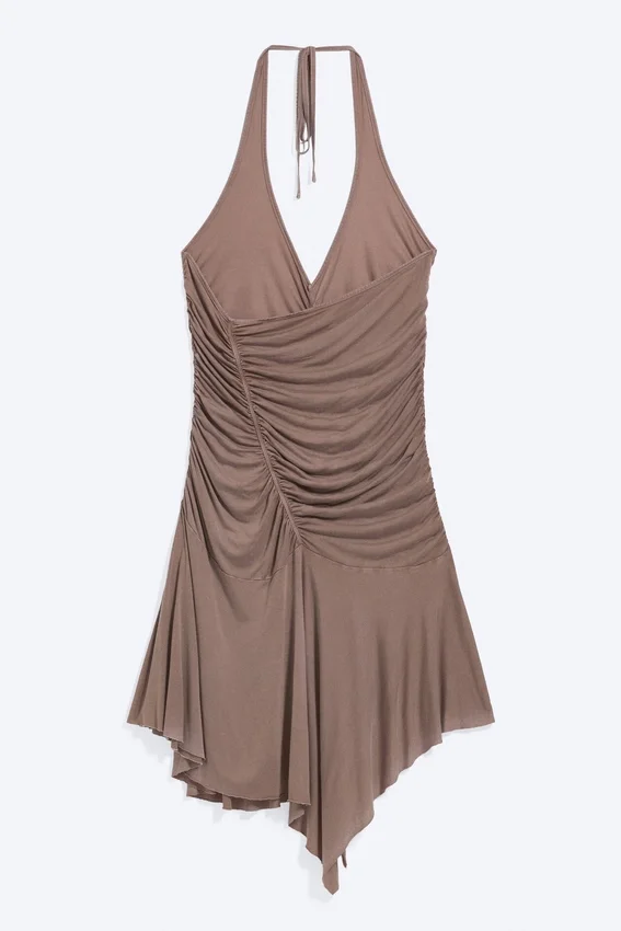 Minivestido halter fruncido – Marrón lavado Minivestido halter fruncido – Marrón lavado