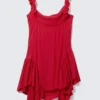Minivestido sin mangas con cuello cuadrado – Rojo brillante