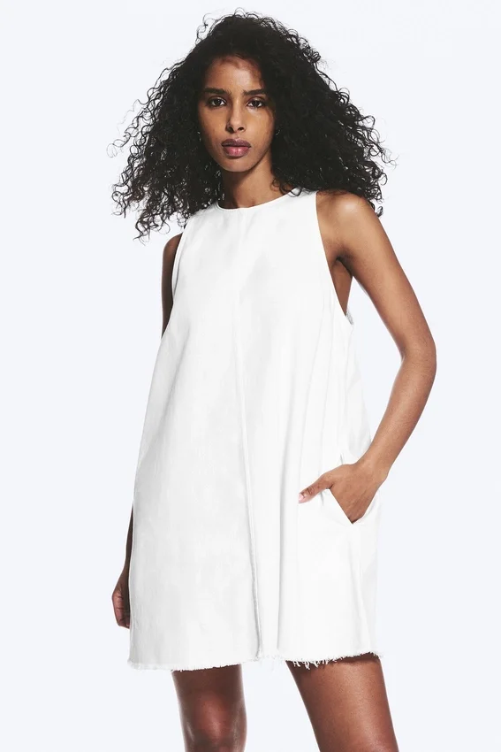 Minivestido sin mangas de sarga de algodón – Blanco Minivestido sin mangas de sarga de algodón – Blanco