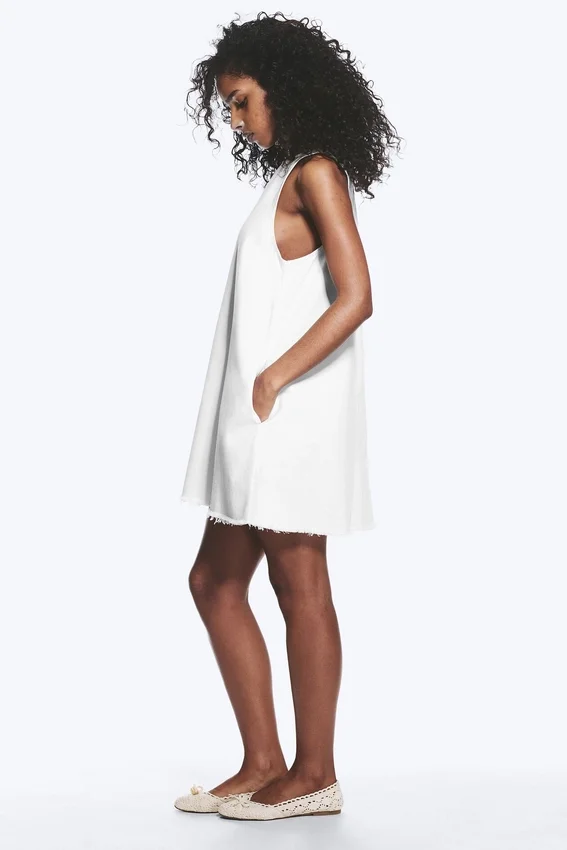 Minivestido sin mangas de sarga de algodón – Blanco Minivestido sin mangas de sarga de algodón – Blanco