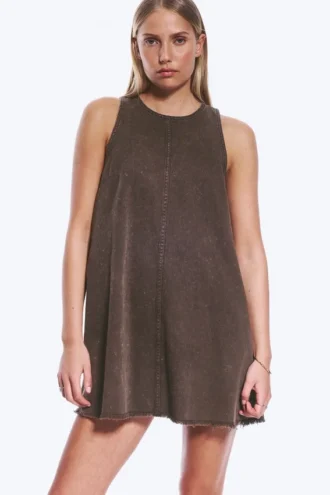 Minivestido sin mangas de sarga de algodón – Marrón oscuro lavado