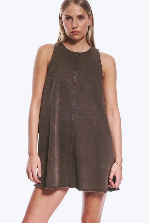 Minivestido sin mangas de sarga de algodón – Marrón oscuro lavado Minivestido sin mangas de sarga de algodón – Marrón oscuro lavado