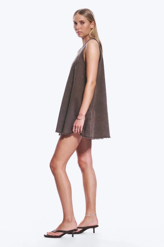Minivestido sin mangas de sarga de algodón – Marrón oscuro lavado Minivestido sin mangas de sarga de algodón – Marrón oscuro lavado