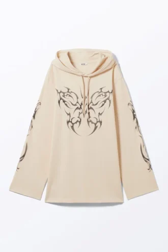Minivestido tipo sudadera con capucha oversize – Beige claro – Mariposa tribal