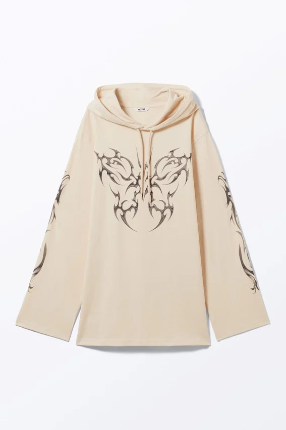 Minivestido tipo sudadera con capucha oversize – Beige claro – Mariposa tribal Minivestido tipo sudadera con capucha oversize – Beige claro – Mariposa tribal