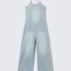 Mono de denim con cuello halter – Azul Space – Azul claro
