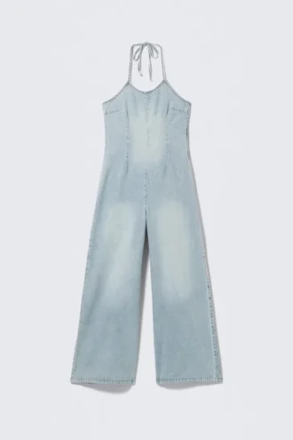 Mono de denim con cuello halter – Azul Space – Azul claro
