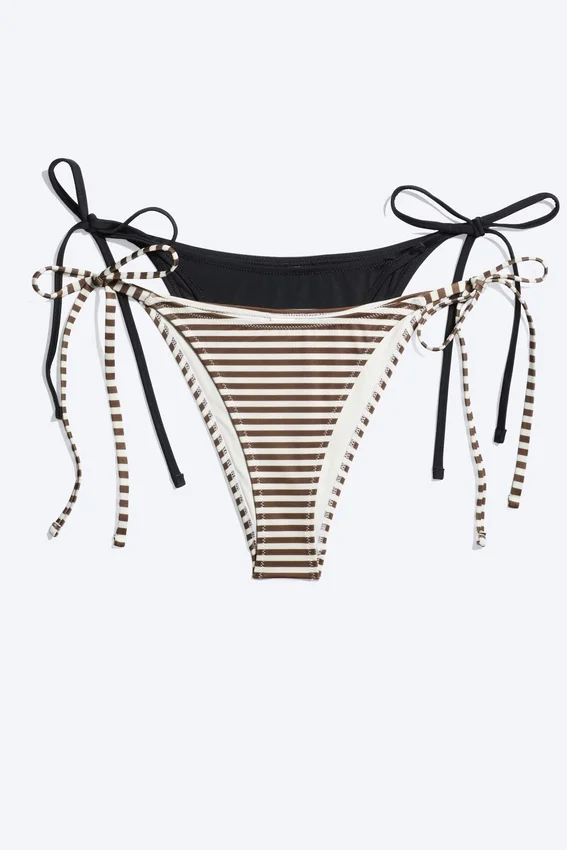 Pack de 2 braguitas de bikini con lazos – Negro + Rayas marrón/blanco Pack de 2 braguitas de bikini con lazos – Negro + Rayas marrón/blanco