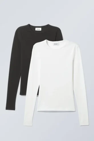 Pack de 2 camisetas de manga larga de corte ajustado – Negro y blanco