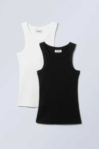 Pack de 2 camisetas de tirantes ajustadas de canalé – Blanco y negro