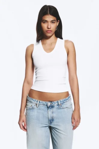 Pack de 2 camisetas de tirantes de cuello en V acanaladas – Blanco