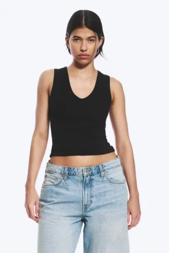 Pack de 2 camisetas de tirantes de cuello en V acanaladas – Negro