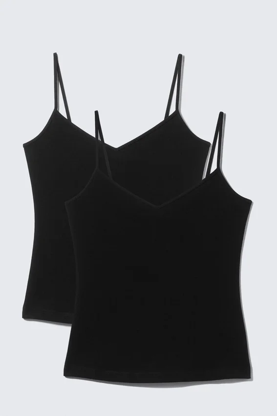Pack de 2 camisetas sin mangas de algodón con cuello en V ajustado – Negro Pack de 2 camisetas sin mangas de algodón con cuello en V ajustado – Negro