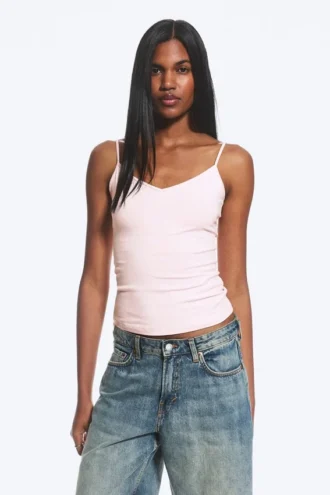 Pack de 2 camisetas sin mangas de algodón de corte ajustado con cuello en V – Rosa empolvado claro/Negro