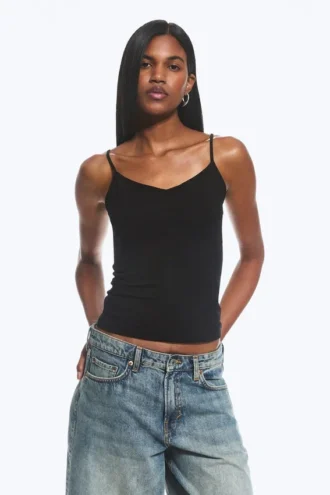 Pack de 2 camisetas sin mangas de algodón de corte ajustado con cuello en V – Rosa empolvado claro/Negro