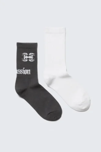 Pack de 2 pares de calcetines acanalados con estampados: blanco liso y gris con estampados