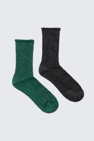 Pack de 2 pares de calcetines cortos con volantes y purpurina – Verde y negro – Purpurina
