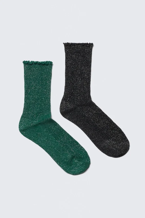 Pack de 2 pares de calcetines cortos con volantes y purpurina – Verde y negro – Purpurina Pack de 2 pares de calcetines cortos con volantes y purpurina – Verde y negro – Purpurina