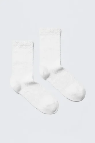 Pack de 2 pares de calcetines cortos de algodón con punto calado – Blanco Pack de 2 pares de calcetines cortos de algodón con punto calado – Blanco