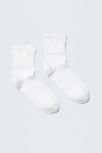 Pack de 2 pares de calcetines de mezcla de algodón con borde con volantes – Blanco
