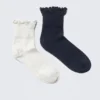 Pack de 2 pares de calcetines de mezcla de algodón con ribete de volantes – Azul oscuro y gris Pack de 2 pares de calcetines de mezcla de algodón con ribete de volantes – Azul oscuro y gris