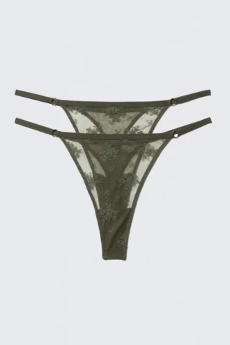 Pack de 2 tangas de encaje transparente – Verde caqui oscuro