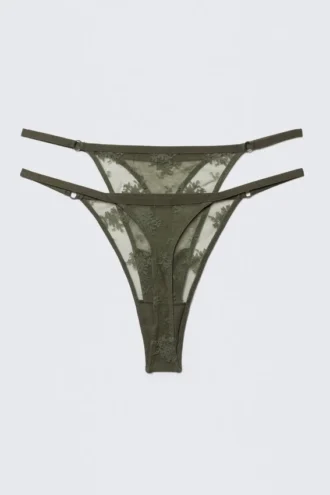 Pack de 2 tangas de encaje transparente – Verde caqui oscuro