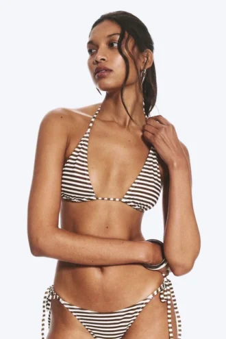 Pack de 2 tops de bikini triangulares con tirantes – Negro + rayas marrones