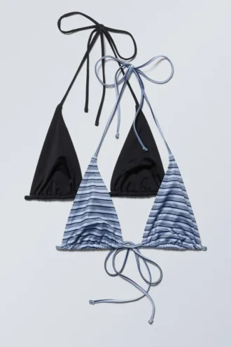 Pack de 2 tops de bikini triangulares con tirantes – Rayas negras y azules Pack de 2 tops de bikini triangulares con tirantes – Rayas negras y azules
